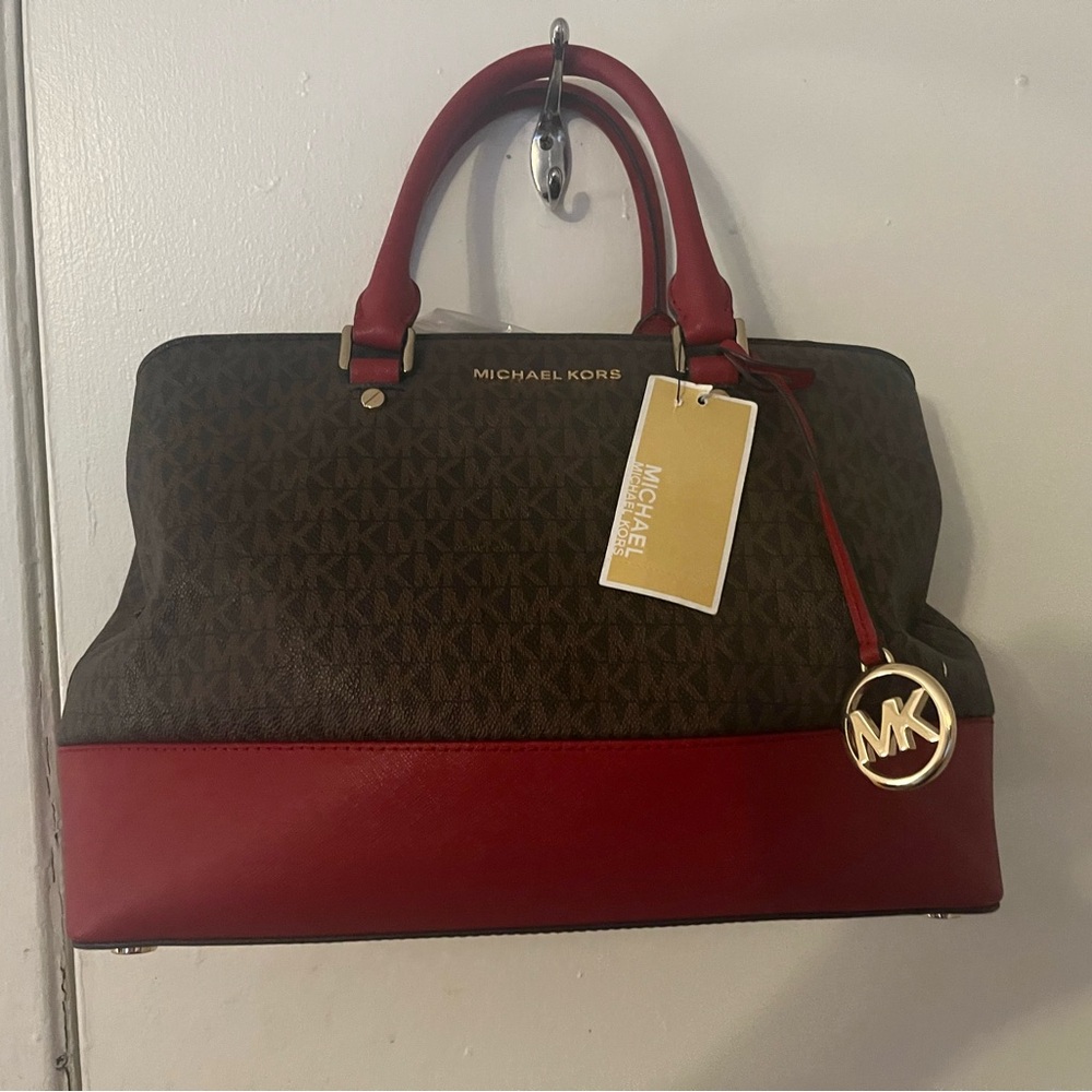 Michael Kors Red and Brown Signature Satchel